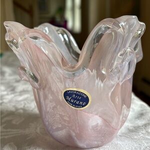 Vintage Murano Art Glass Handkerchief Vase Pink Swirl Italian Blown Glass